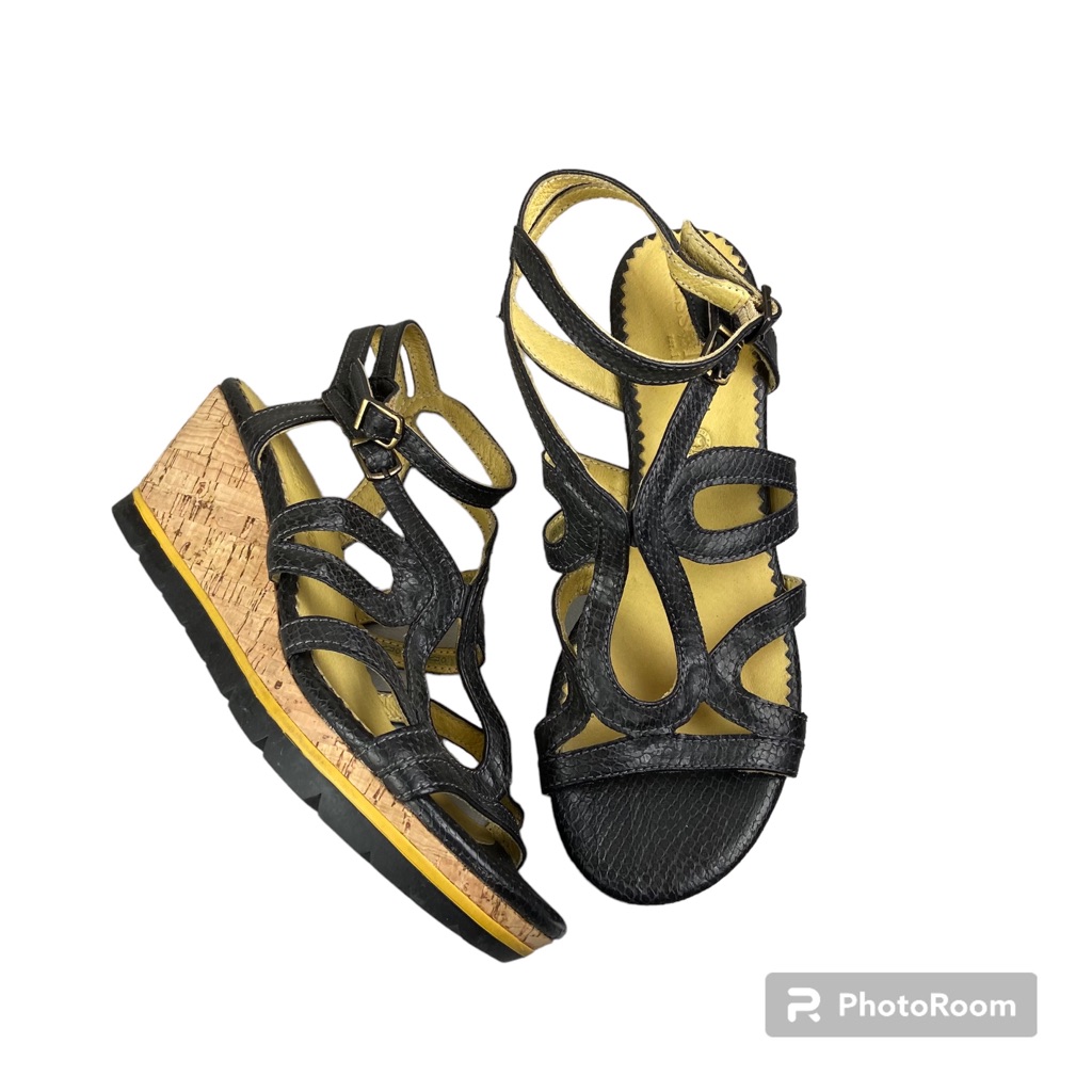 Bussola Marseille Black Snake Coal Cage Wedge Cork Sandals Leather Size 39